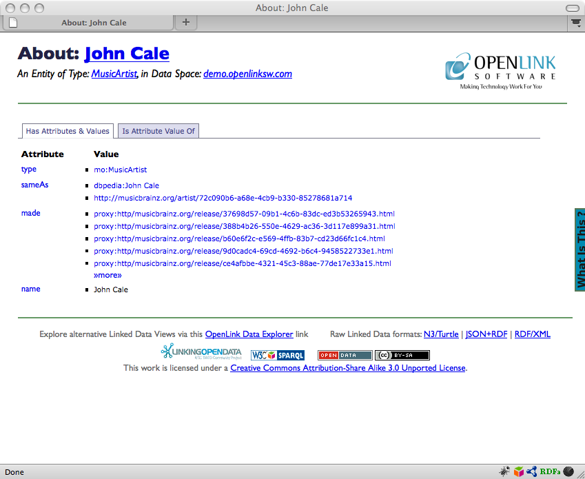 Sponger RDF metadata about John Cale rendered as HTML